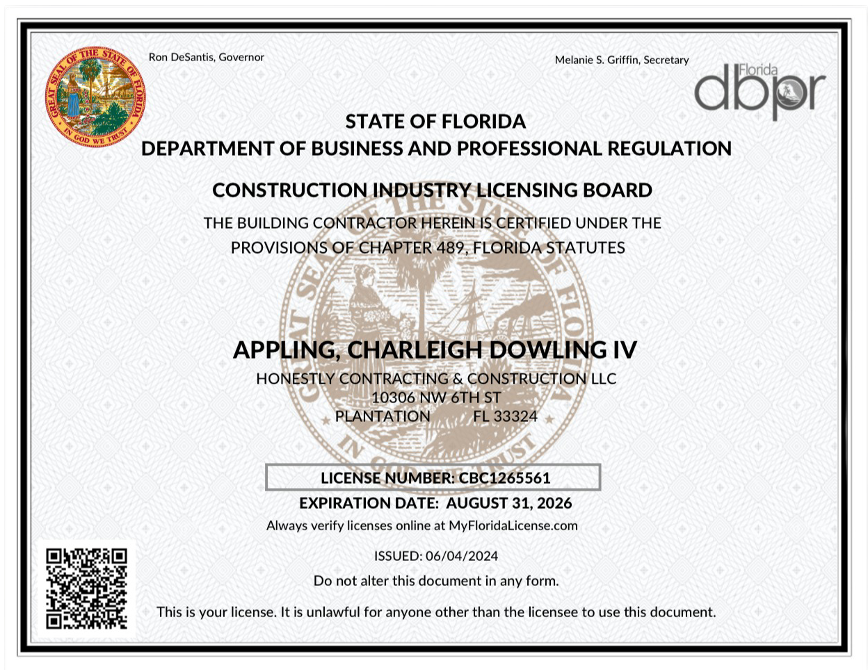 State of Florida contractor license certificate, number CBC1265561, issued to Honestly Contracting & Construction
